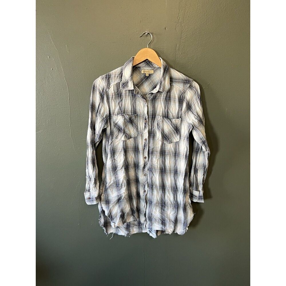 Democracy Womens Blue Plaid 3/4 Sleeve Button Up Size Small
